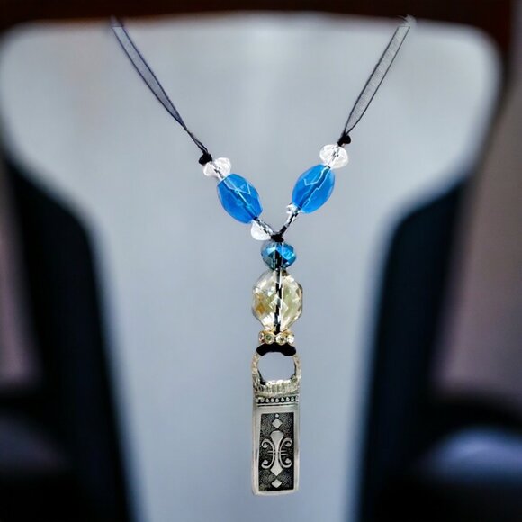 Vintage Silverware Necklace With Blue & Clear Beads Pendant - Picture 1 of 14